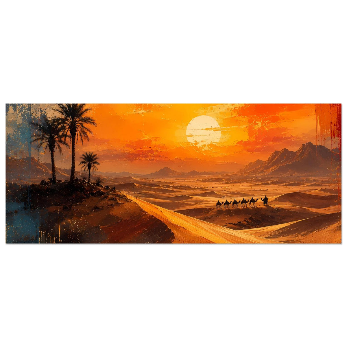 Breites Wüstenposter mit Palmen, Karawane und leuchtender Sonne über Sandwellen