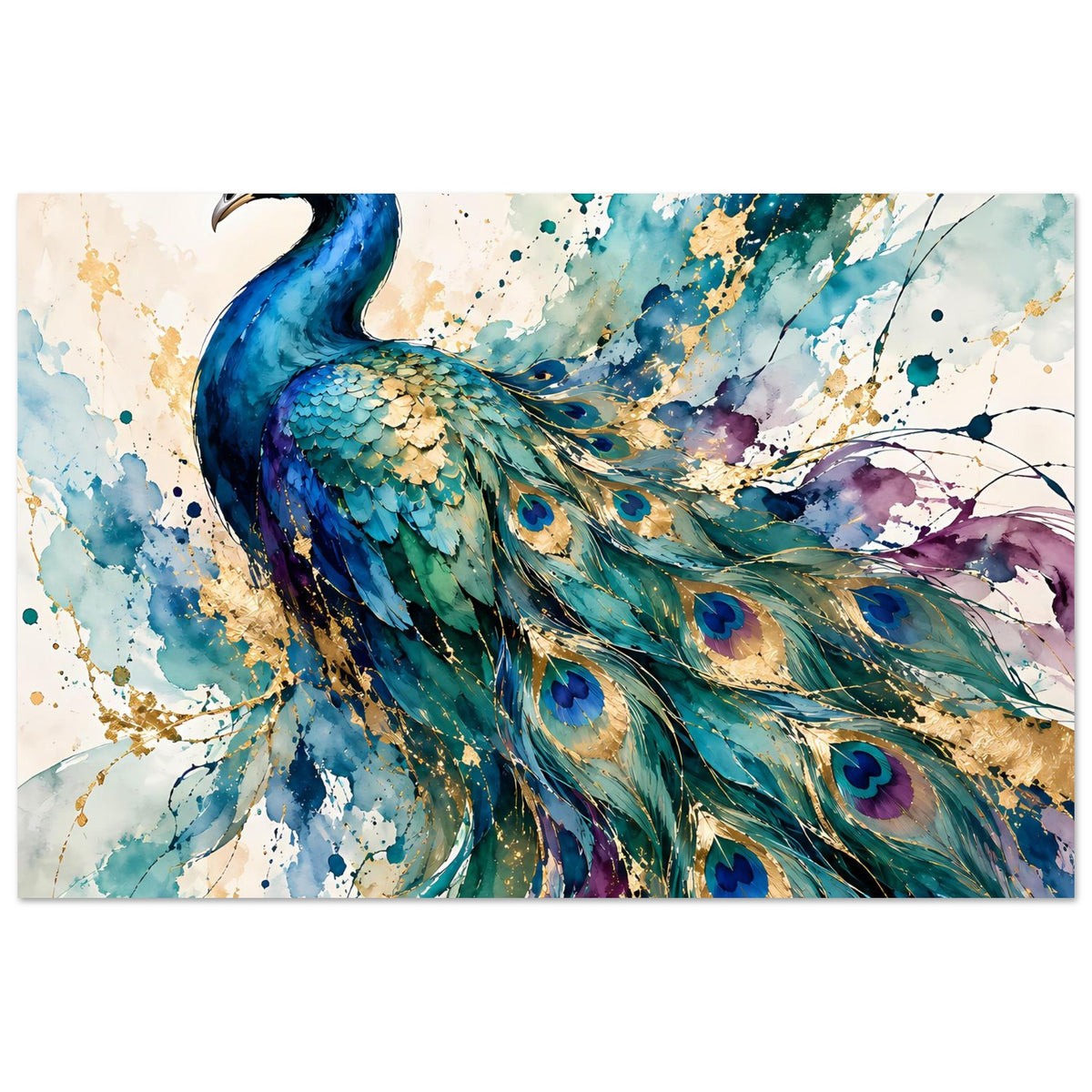 Aquarell-Pfau-Poster (Querformat) mit blauem Hals, grünen Federn und gold-violetten Akzenten