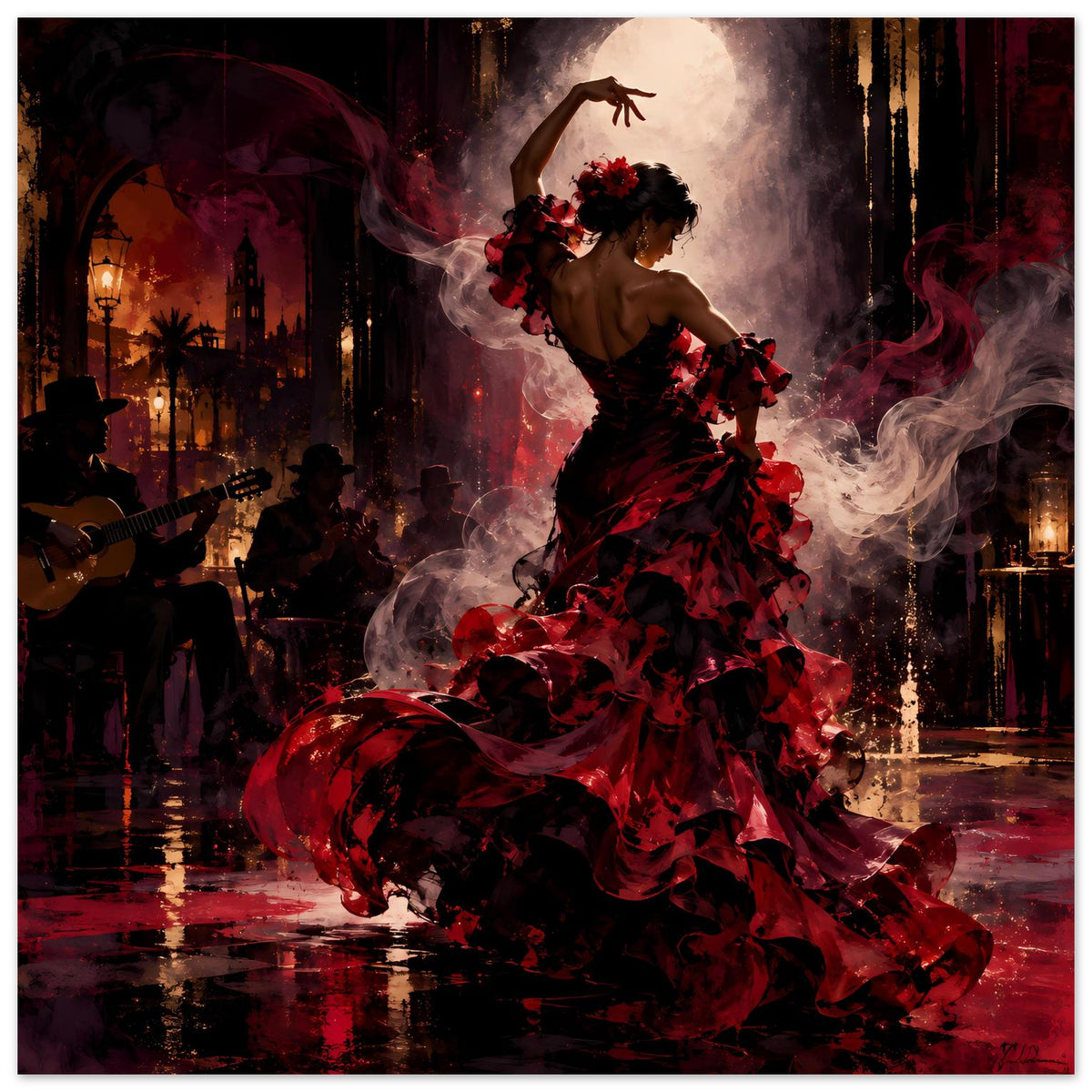 Poster mit Flamenco-Tänzerin in schwarzem Kleid mit roten Rüschen, eine Hand nach oben