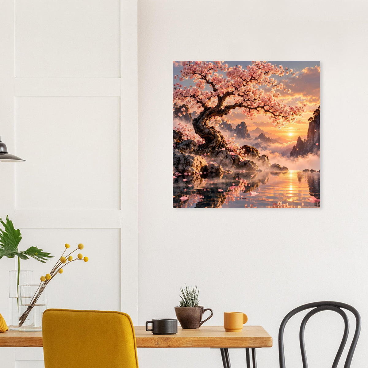 Quadratisches Poster mit blühendem Baum, warmem Sonnenuntergang und Spiegelung auf dem Wasser