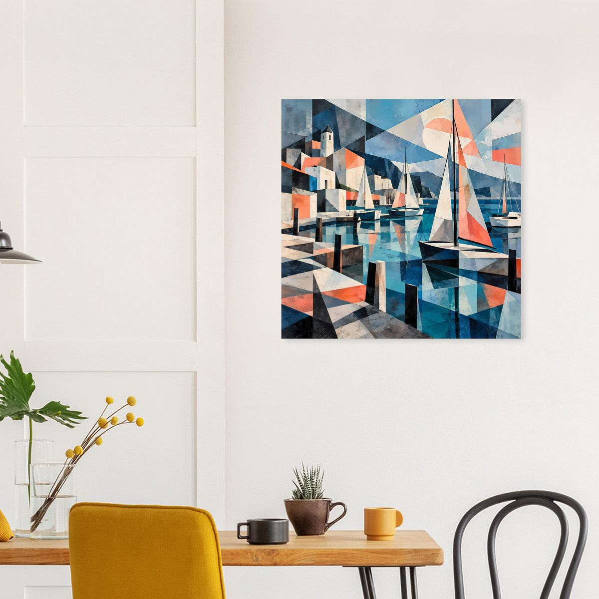 Quadratisches Poster mit Hafenlandschaft und Segelbooten, blau-orange geometrisch