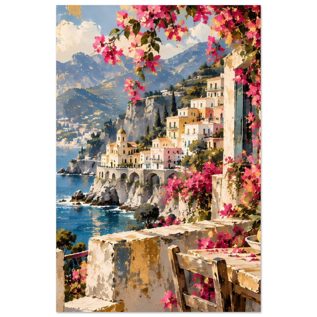 Poster mit mediterranem Küstenmotiv, Meerblick, Häuser, Pinkblüten am Balkon und Fels