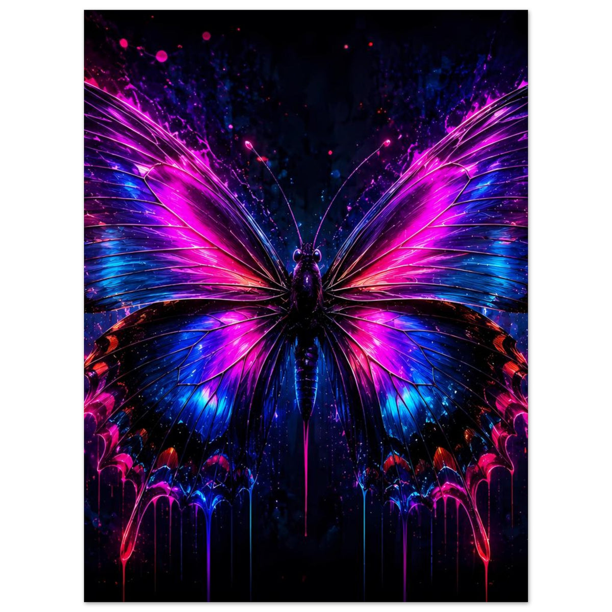 Poster mit leuchtendem Schmetterling in Neonfarben, konzentriertes Flügelmuster, dunkle Farben