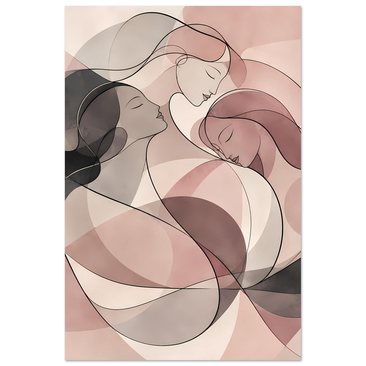 Abstraktes Poster mit drei Frauenköpfen in Rosé, Creme und Grau