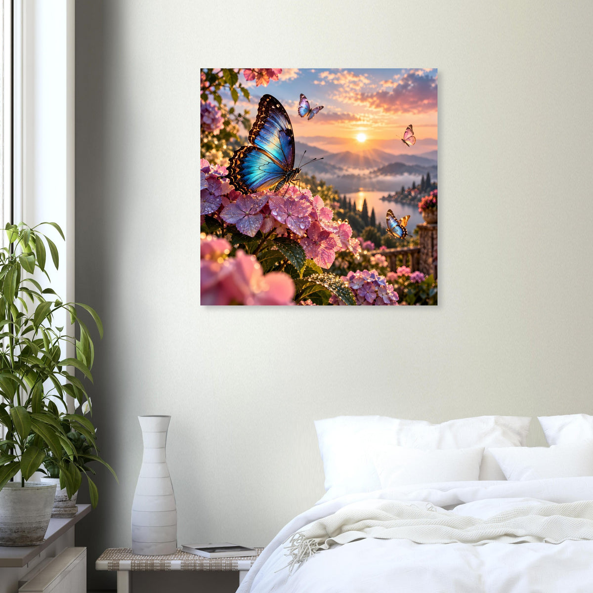 Poster mit blauen Schmetterlingen auf rosa Blüten und Sonnen im quadratischen Rahmen