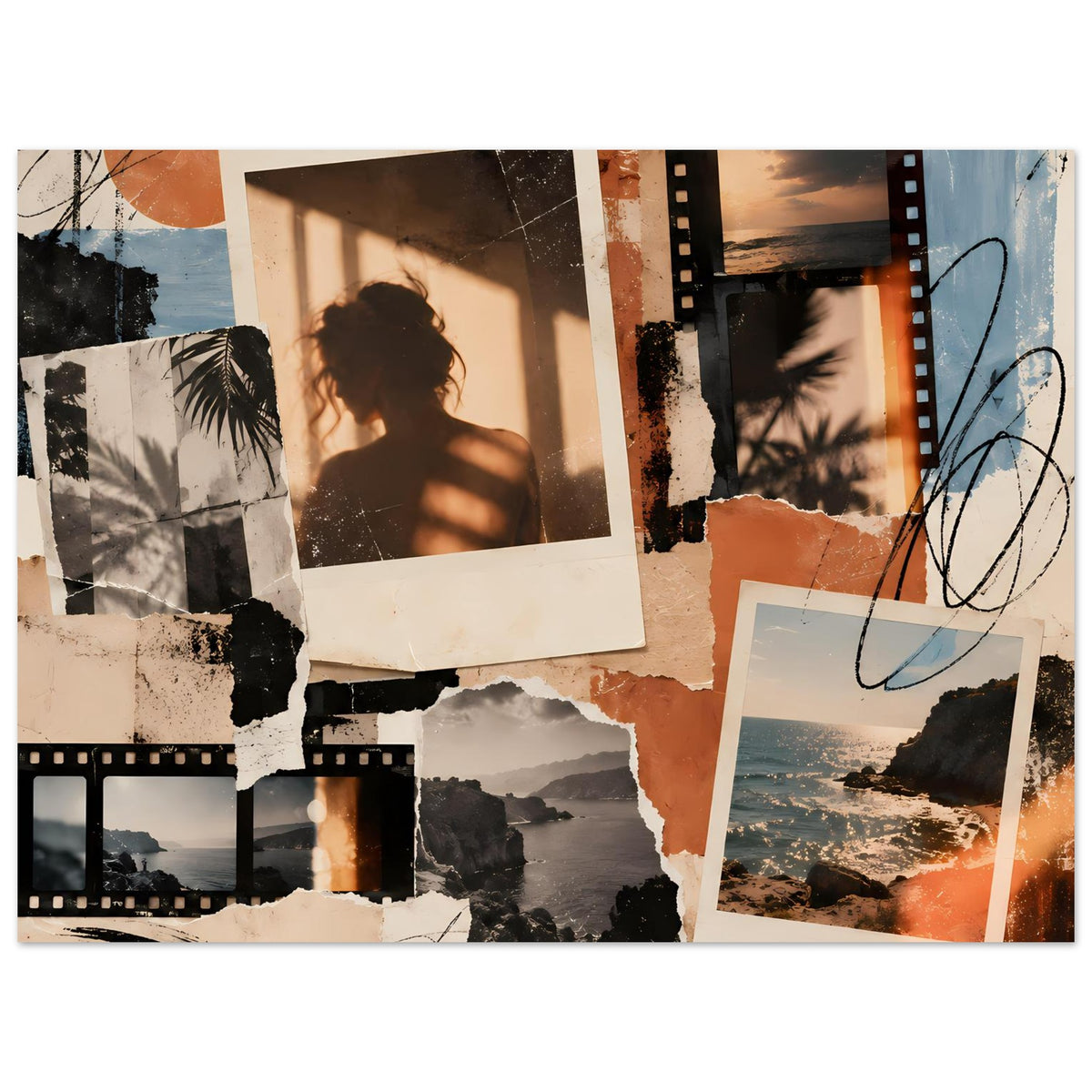 Vintage Memories Collage-Poster: überlappende Fotos, Filmstreifen-Elemente und orangefarbene Akzente
