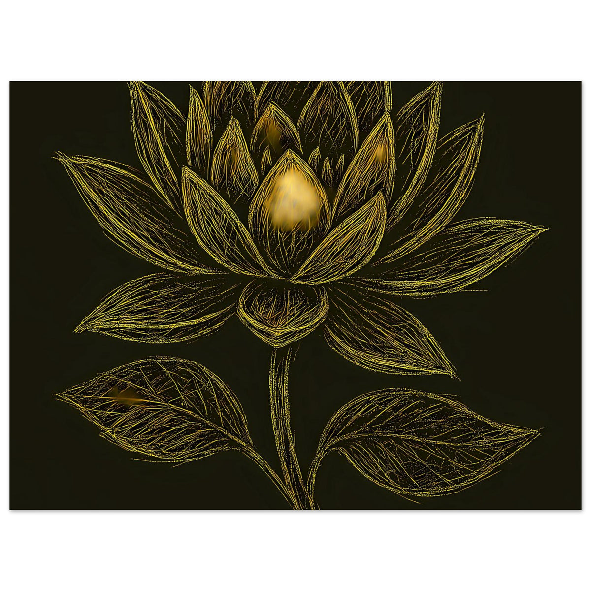 Querformatiges Poster mit goldener Lotusblüte und Blättern, symmetrisches Linienmuster