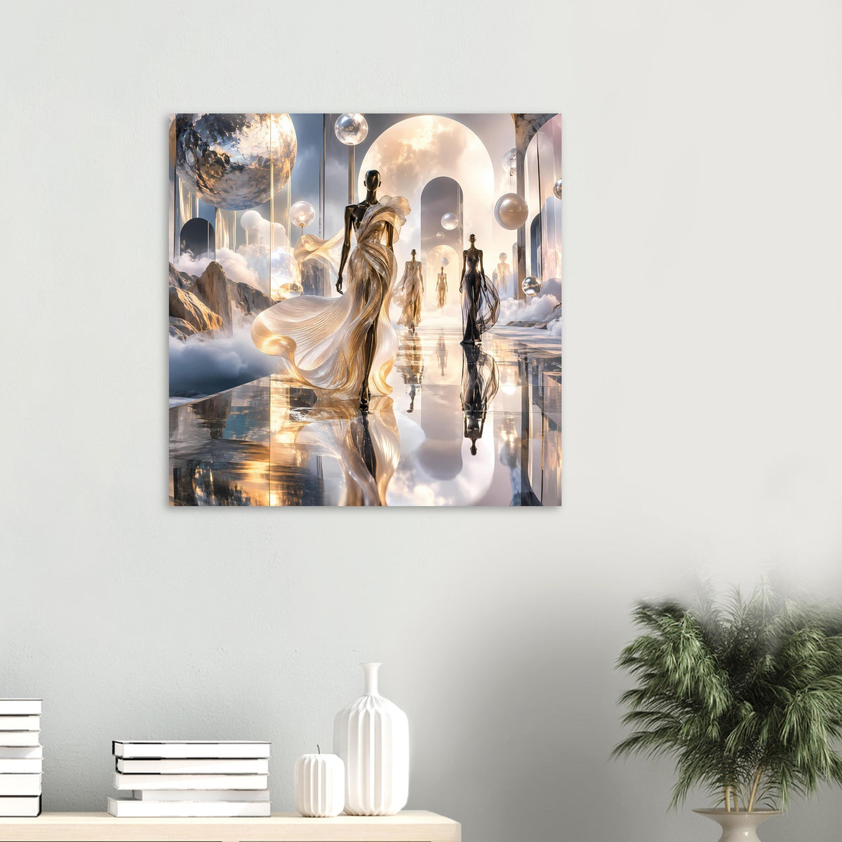 Quadratischer Kunstdruck mit goldenen, durchscheinenden Figuren und hoher Spiegelkulisse.