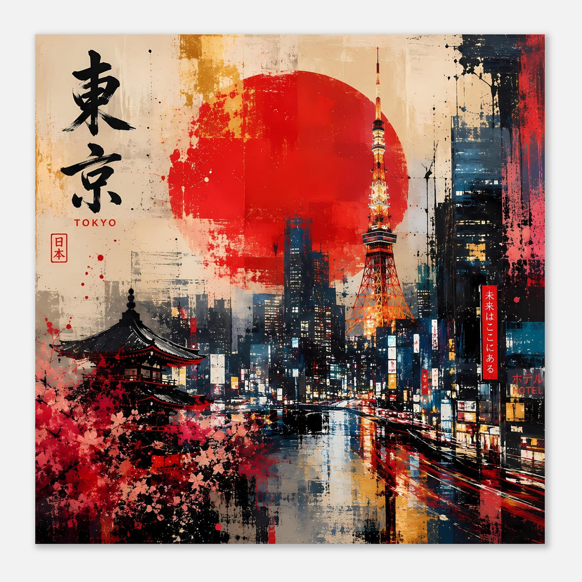 Abstraktes Tokio-Poster mit roter Sonne und Tokyo Tower