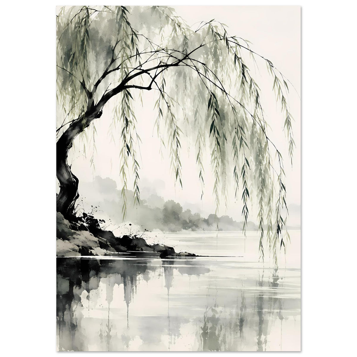 Naturposter mit weidendem Weidenbaum, hängenden Zweigen und Spiegelung im Wasser, schwarz-grün