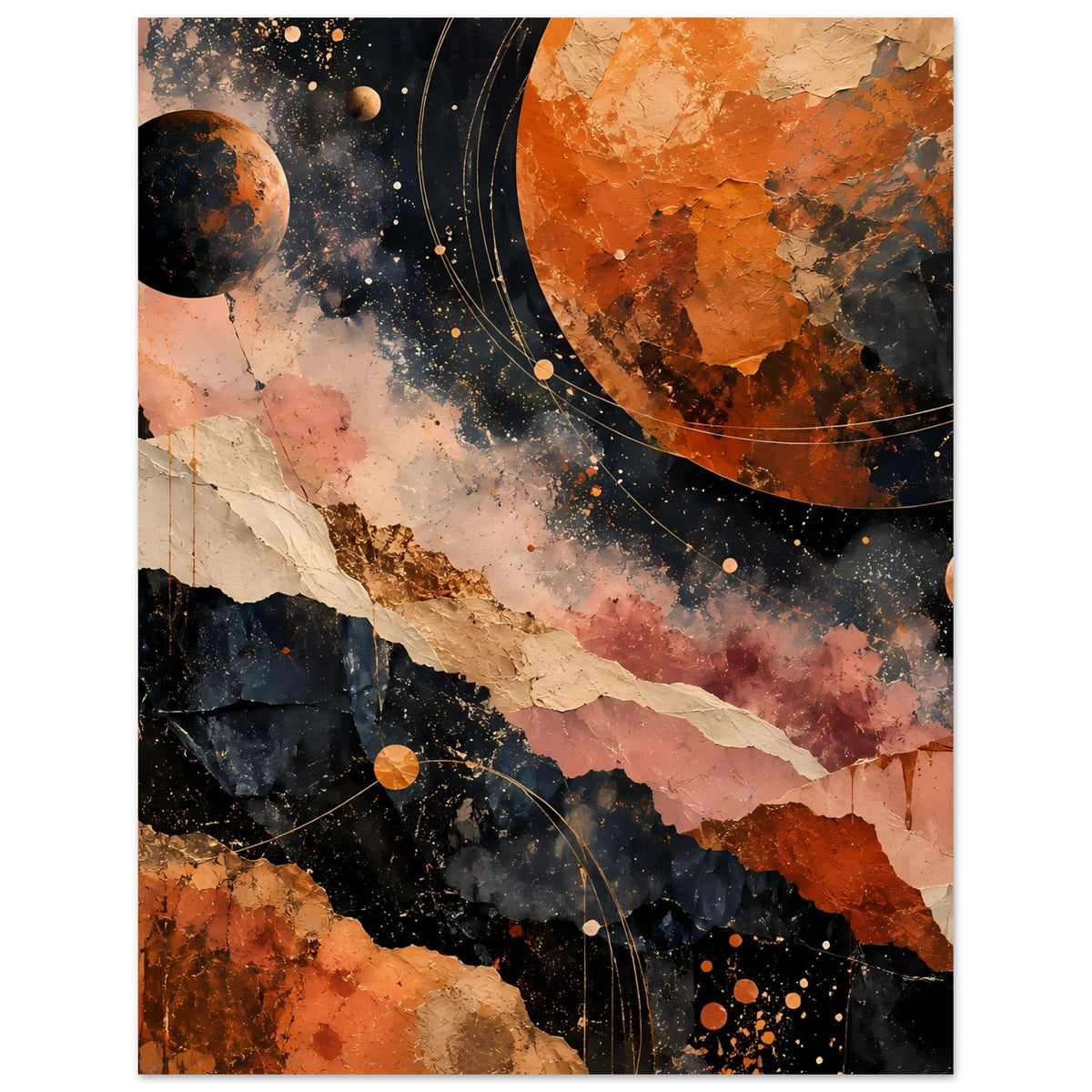 Abstraktes Kosmos-Landschafts-Poster (hochkant) mit orangefarbenem Planeten, Sternstaub und Bahnen.