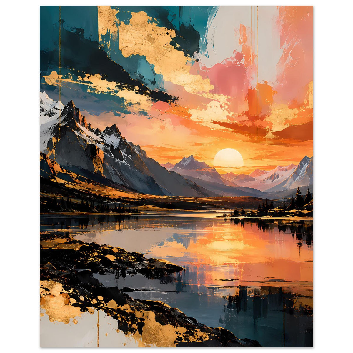 Hochformat-Poster mit Sonnenuntergang über Berglandschaft, See und Felsufer