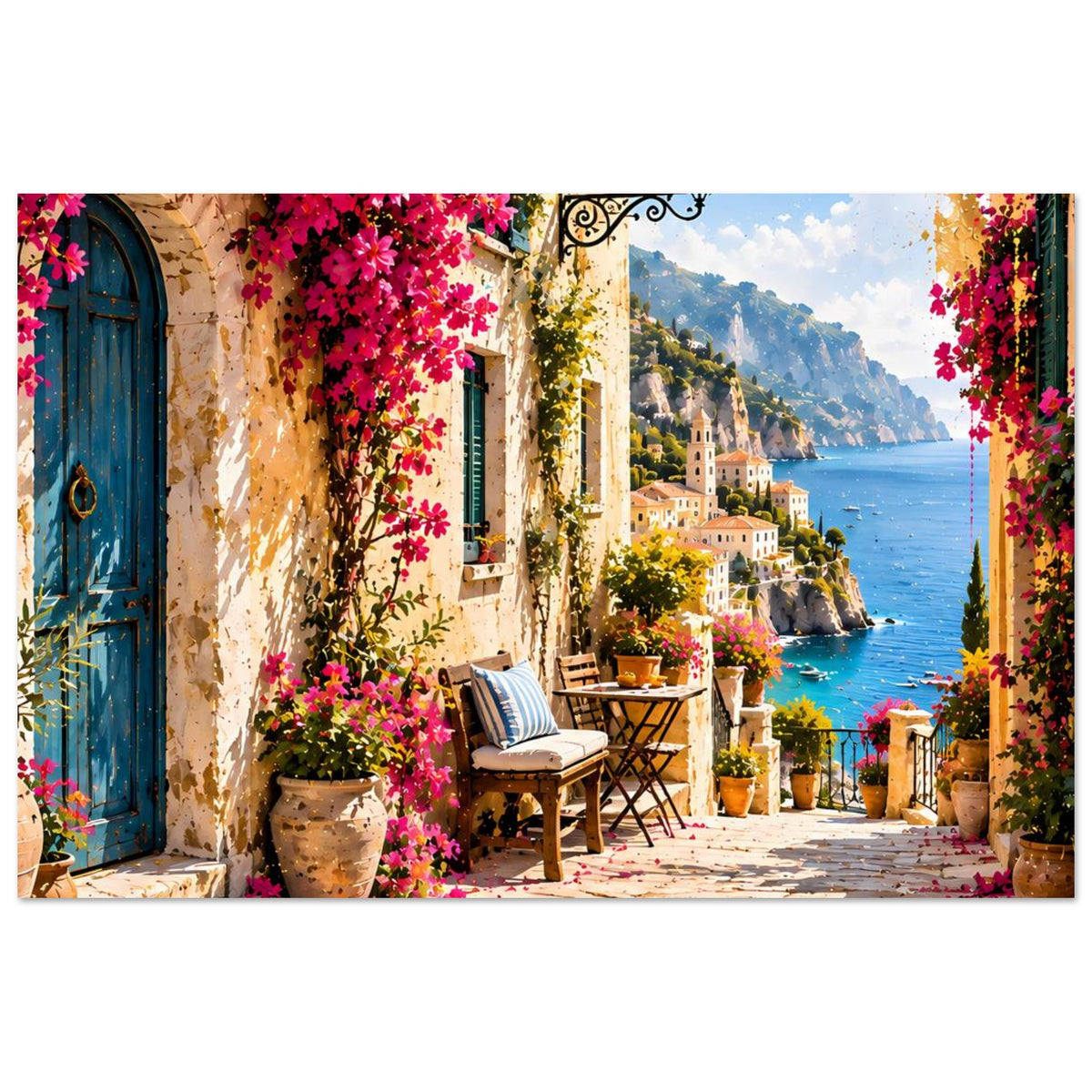 Mediterranes Küstenposter, Blick durch eine farbenfrohe Gasse mit blühenden Pflanzen und Bank
