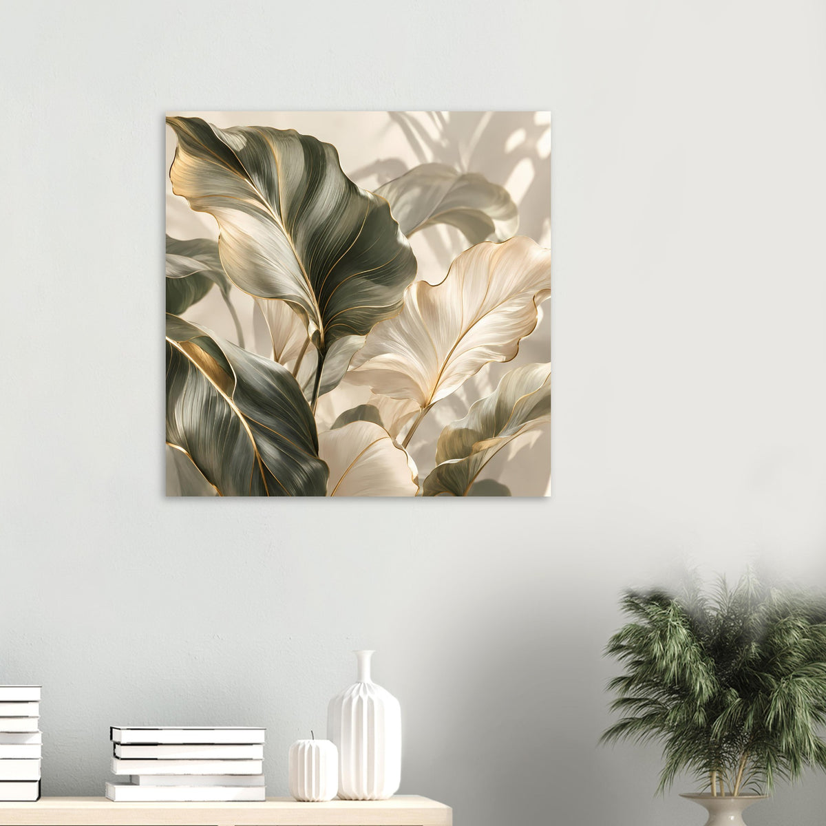 Quadratisches Pflanzenposter im Rahmen, Blättermotiv in Grün und Creme, goldene Akzente