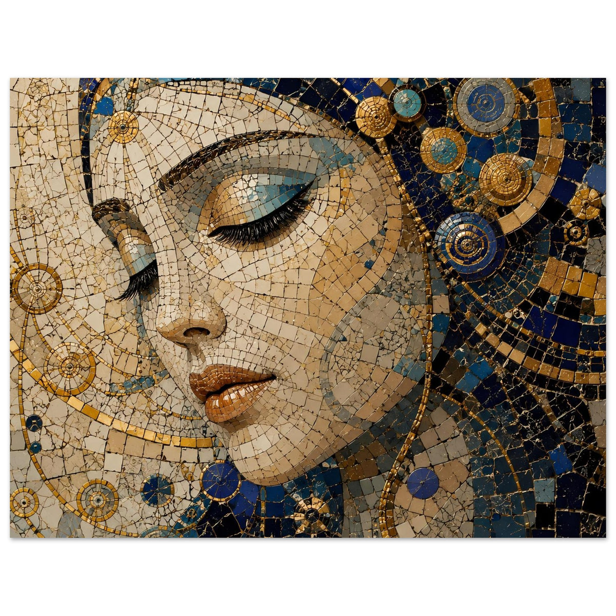 Mosaik-Porträtposter mit Frau im Profil: blaue und goldene Fliesen, ornamentale Kreise