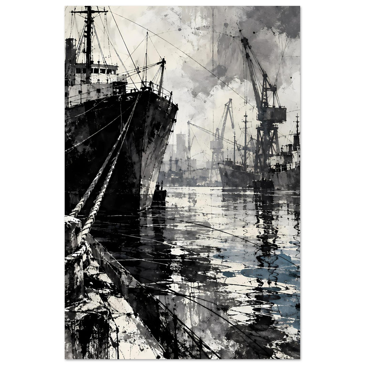 Maritimes Poster mit Hafenansicht: Frachtschiff, Kräne und spiegelndes Wasser