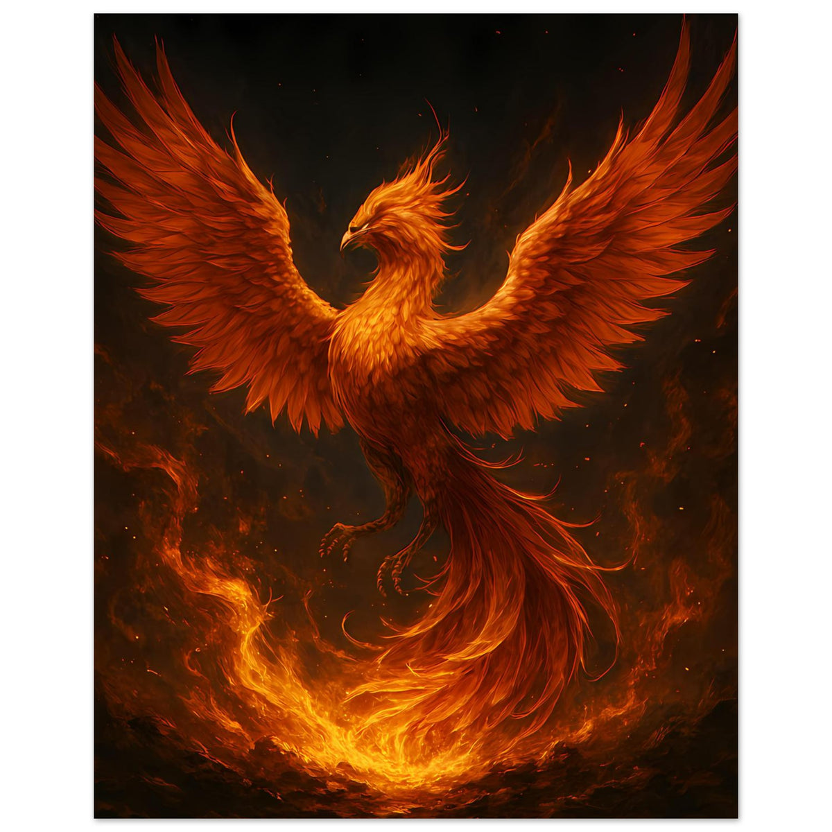 Hochformat-Poster mit Phönix im Flammenbild, weit ausgebreitete Flügel, Feuer im Hintergrund