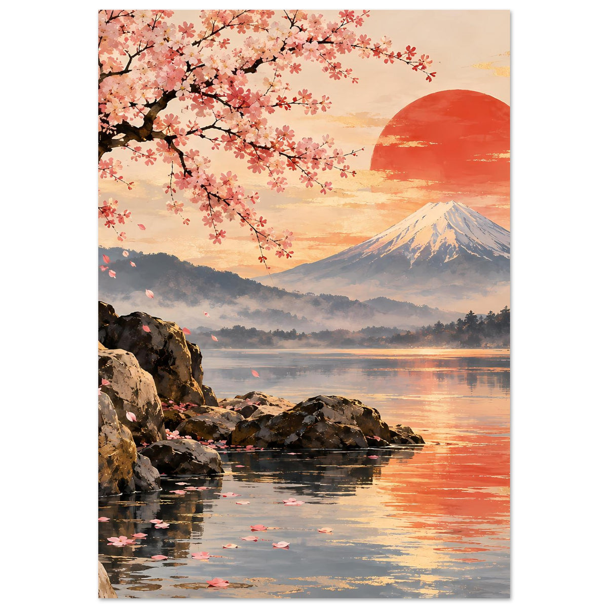 Kirschblüten-Poster mit Bergsilhouette, roter Sonne und Felsen am Ufer im Abendlicht
