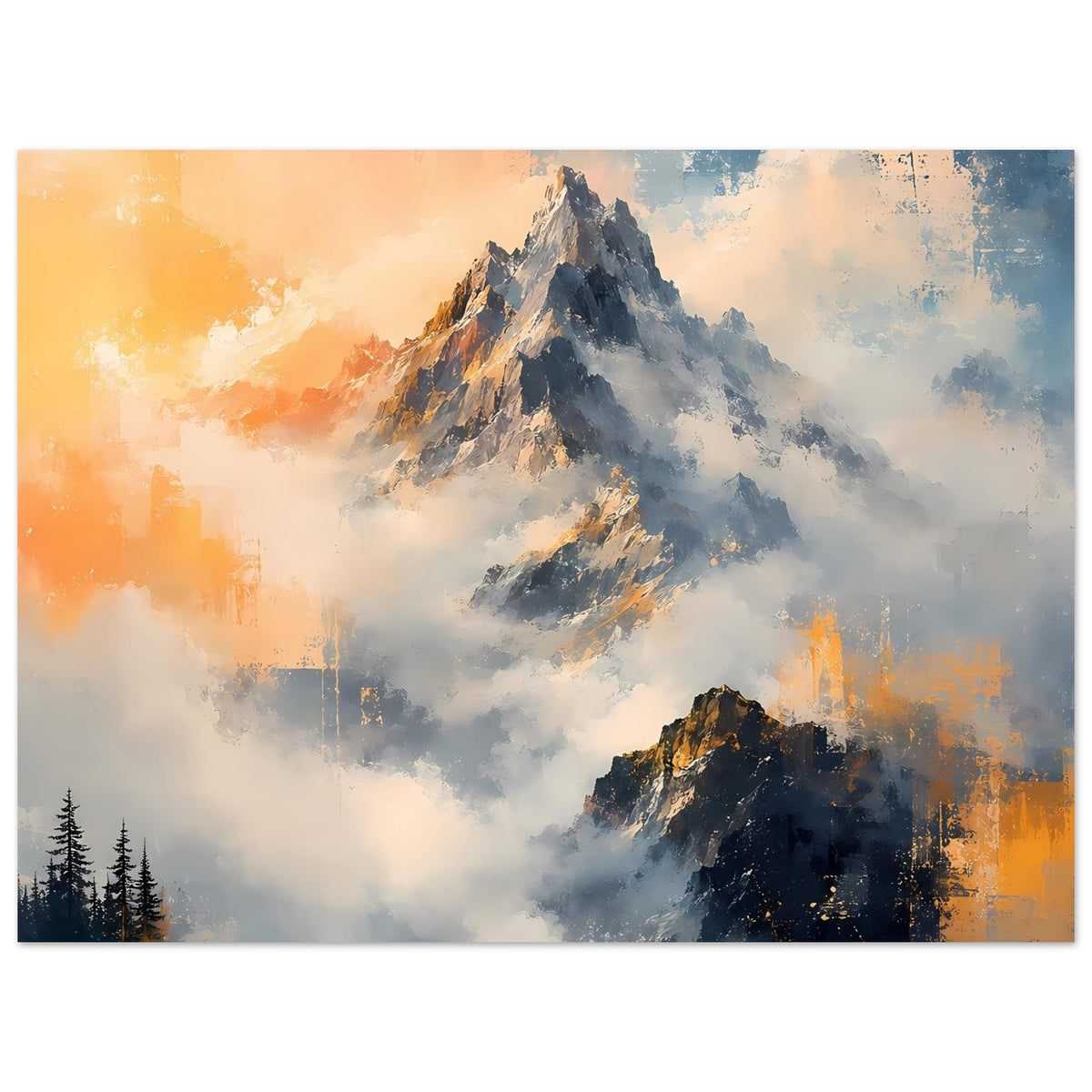 Wandposter mit Berggipfeln in Blau und Orange, pastoser Look und Tannensilhouetten unten