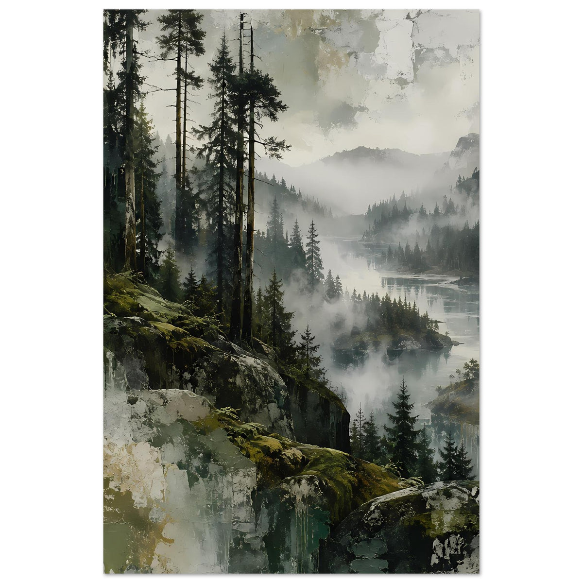Wandposter mit Tannenwald und nebliger Aussicht ins Tal, Felsen im Vordergrund