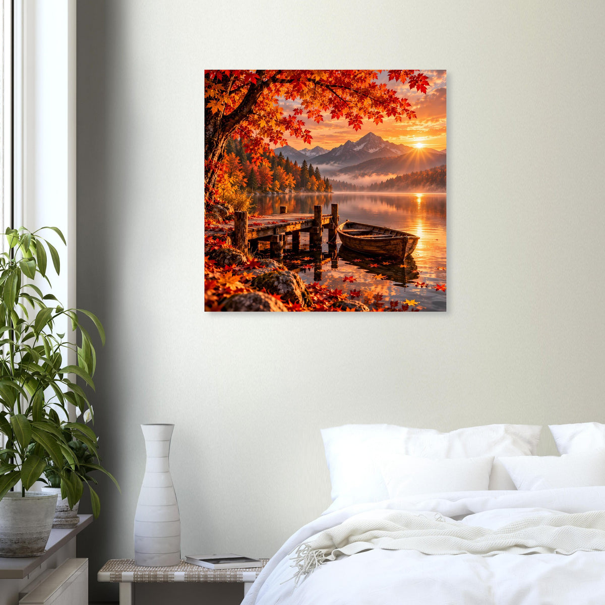 Herbstliches Landschaftsposter mit Flusslandschaft, rotem Baumdach und Abendsonne