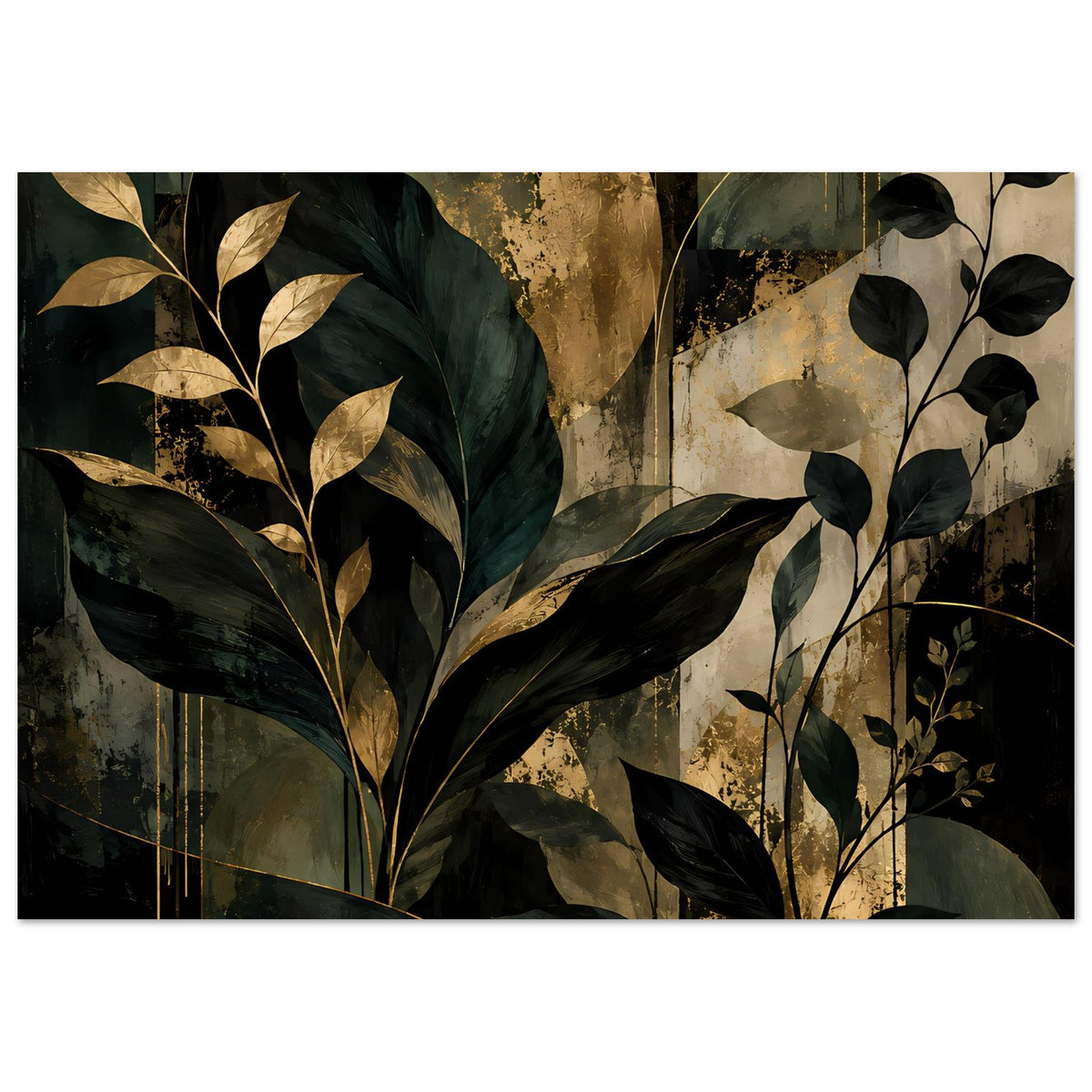 Botanisches Kunstposter mit dunklen Blättern rechts und goldenen Blättern links, vertikal.