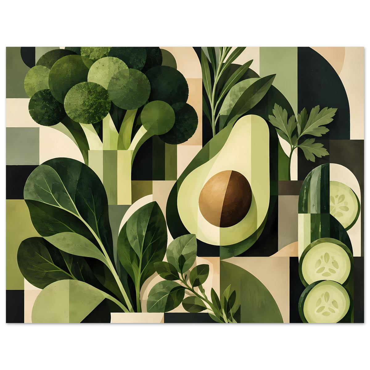 Geometrisches Poster mit grünen Gemüseformen, Avocado-Hälfte und Gurkenscheiben (querformat).