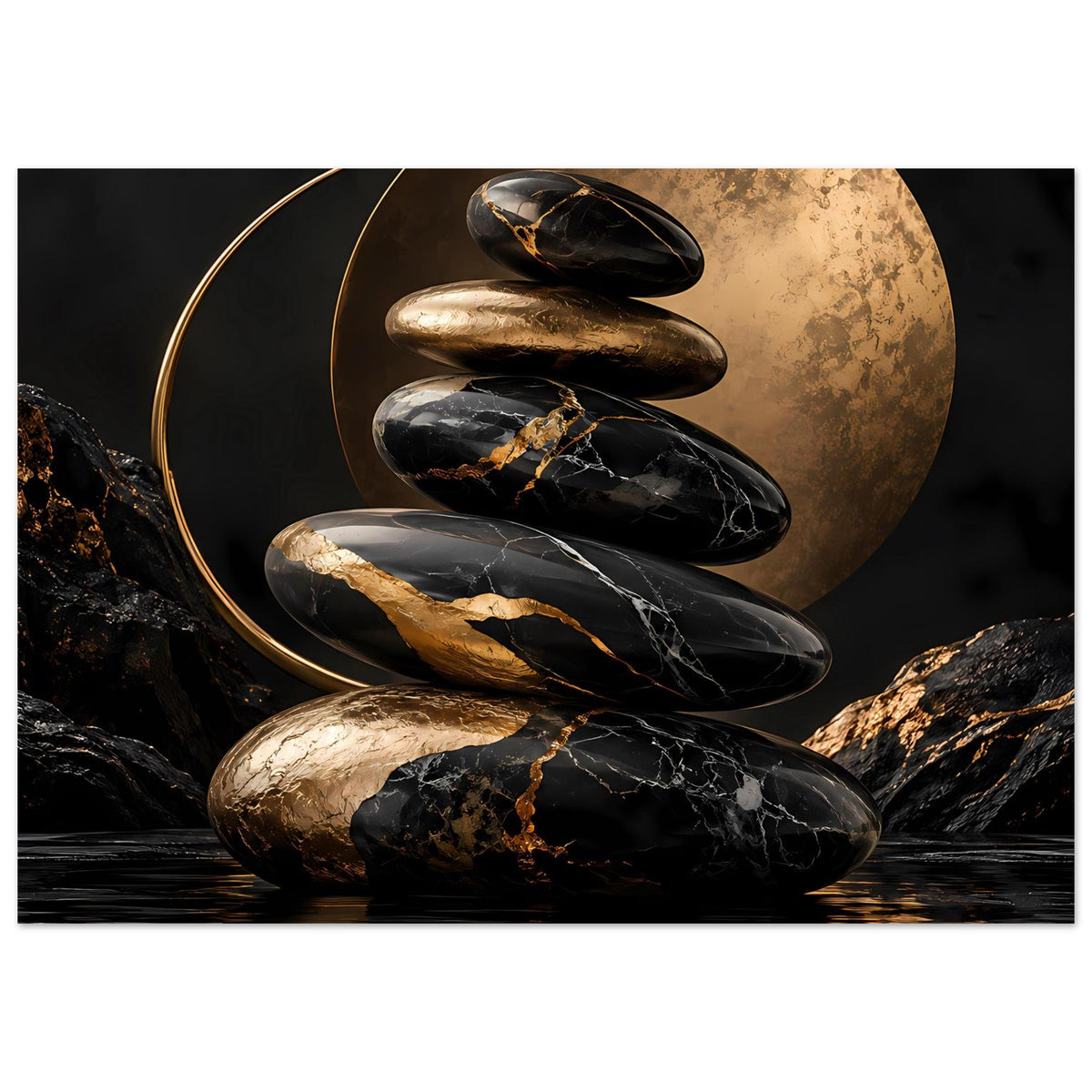 Poster mit Zen-Steinen aus Marmor, schwarze und goldene Steine im kreisförmigen Motiv
