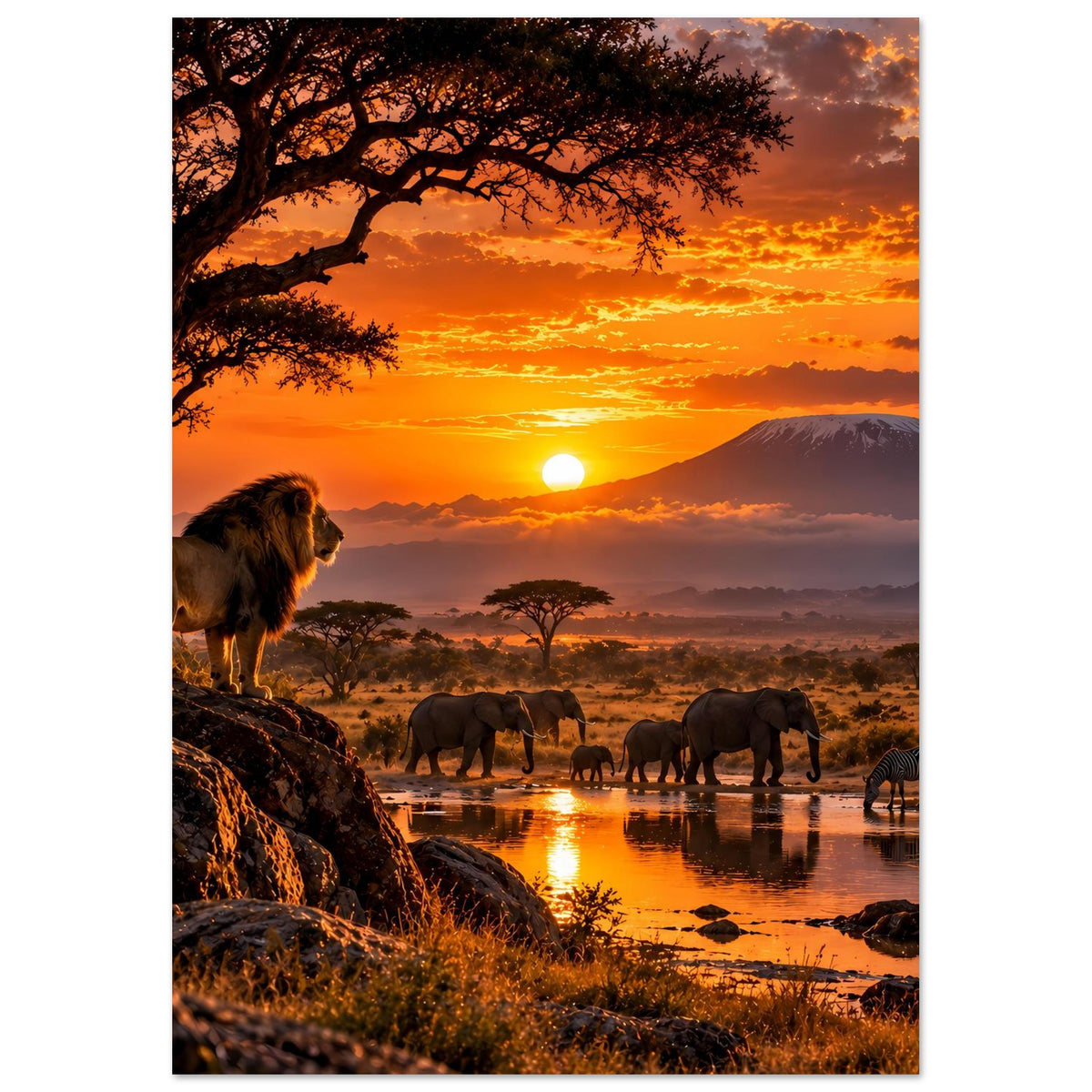 Safari-Poster mit Löwenportrait vorn, Elefanten am Wasser und Zebras in der Savanne