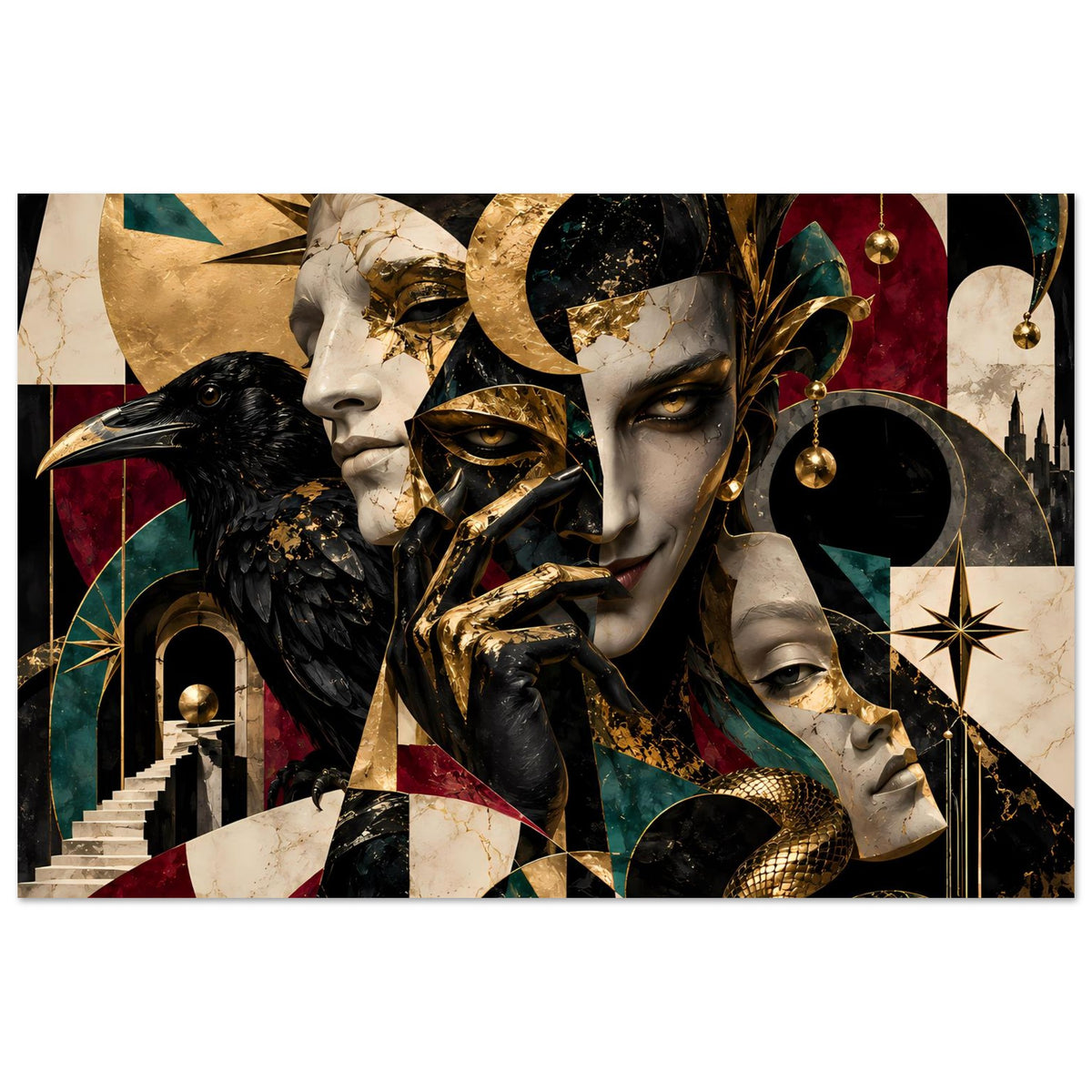 Kunstposter mit Goldakzenten im Querformat: maskierte Gesichter, goldene Details, schwarzer Vogel, Schlange