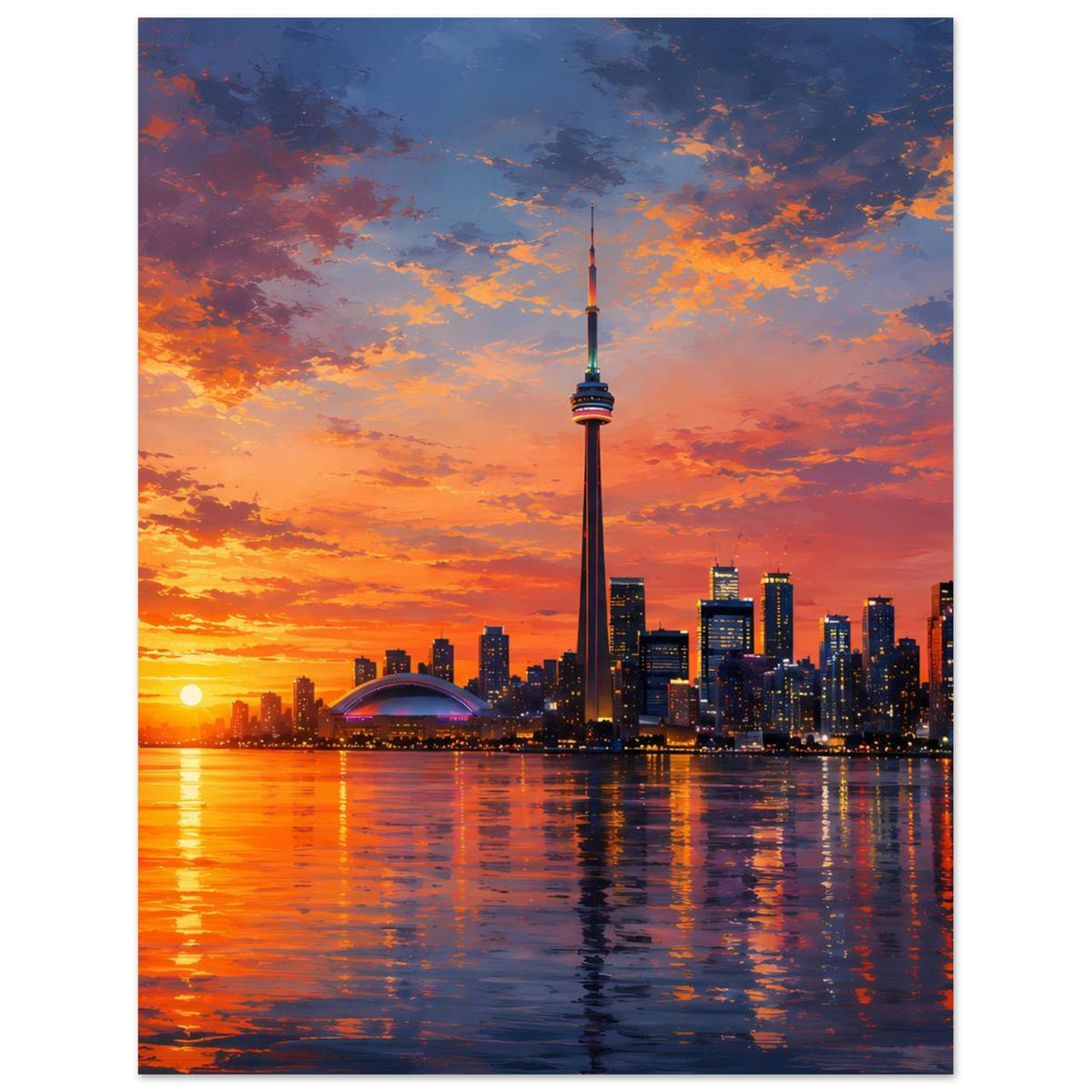 Poster im Hochformat: Stadtpanorama mit Fernsehturm und Sonnenaufgangs-/Sonnenuntergangsfarben