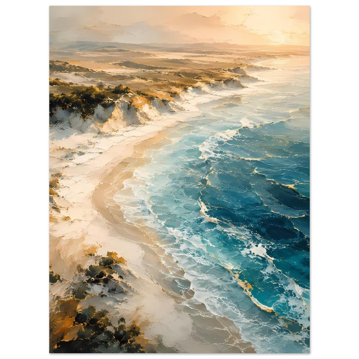 Poster Strandlandschaft mit türkisfarbenem Meer und gelblich beleuchtetem Himmel