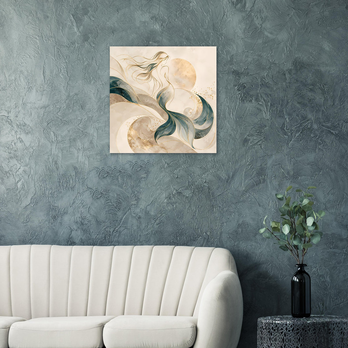 Kunstposter mit Meerjungfrau, creme-goldene Formen und türkisgrüne Wasserwirbel