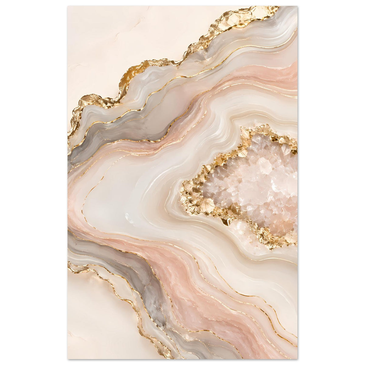 Abstraktes Poster mit Geoden-Kristallen in Rosé, Creme und Gold