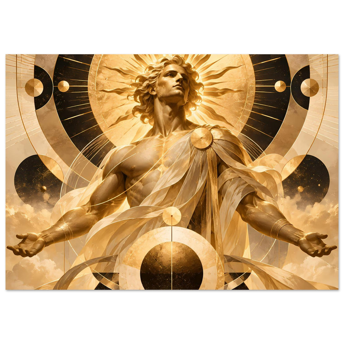 Horizontales Poster mit goldener Engel-Figur, ausgebreiteten Armen und abstrakten Kreisen