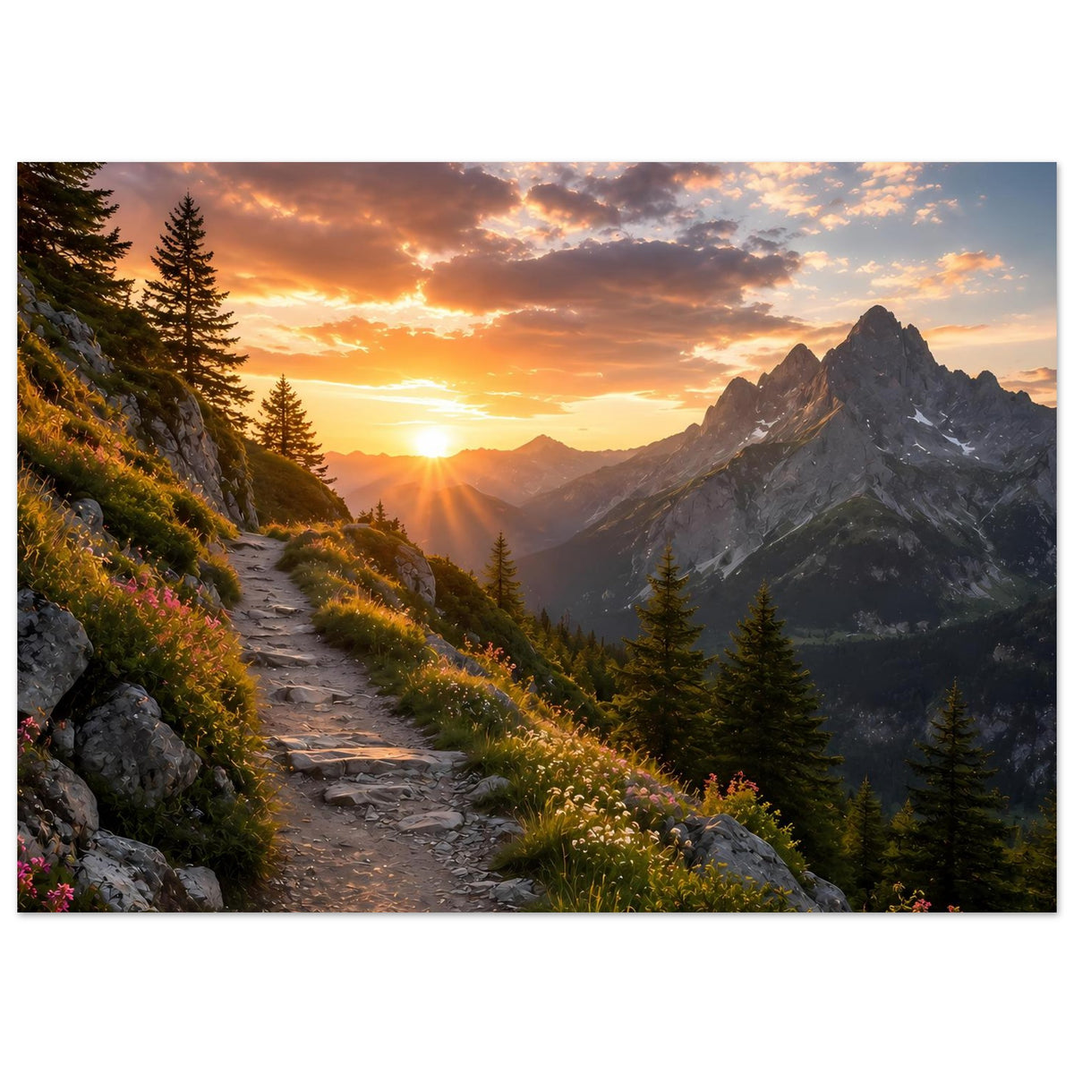 Hochformatiges Poster: Sonnenaufgang über Berggipfeln, felsiger Pfad, Tannenwald
