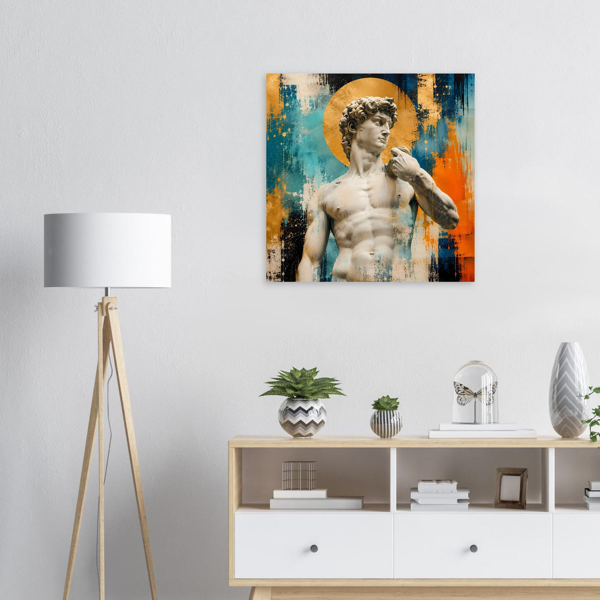 Poster: David-Skulptur mit goldenem Kreis, abstrakte blaue und orange Farbe