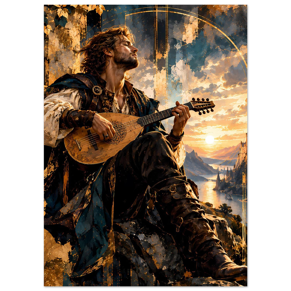 Vertikales Poster mit Bard-Musiker und Gitarre vor goldenem Sonnenuntergang