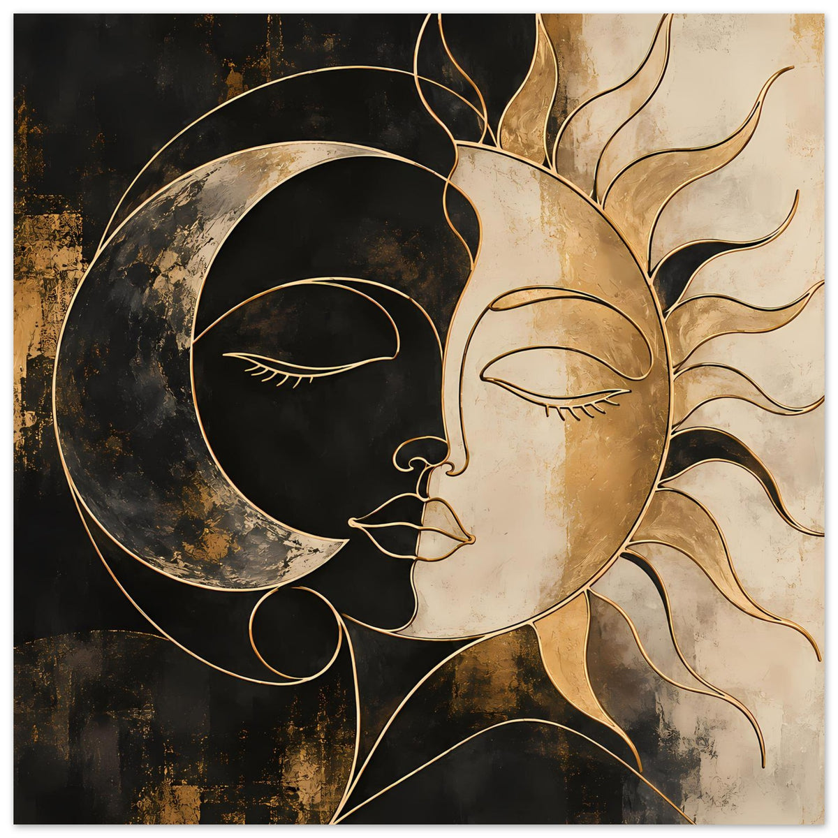 Kunstposter mit Sonnen- und Mondgesicht, goldene Ornamente, dunkler Hintergrund, Beige-Helligkeit