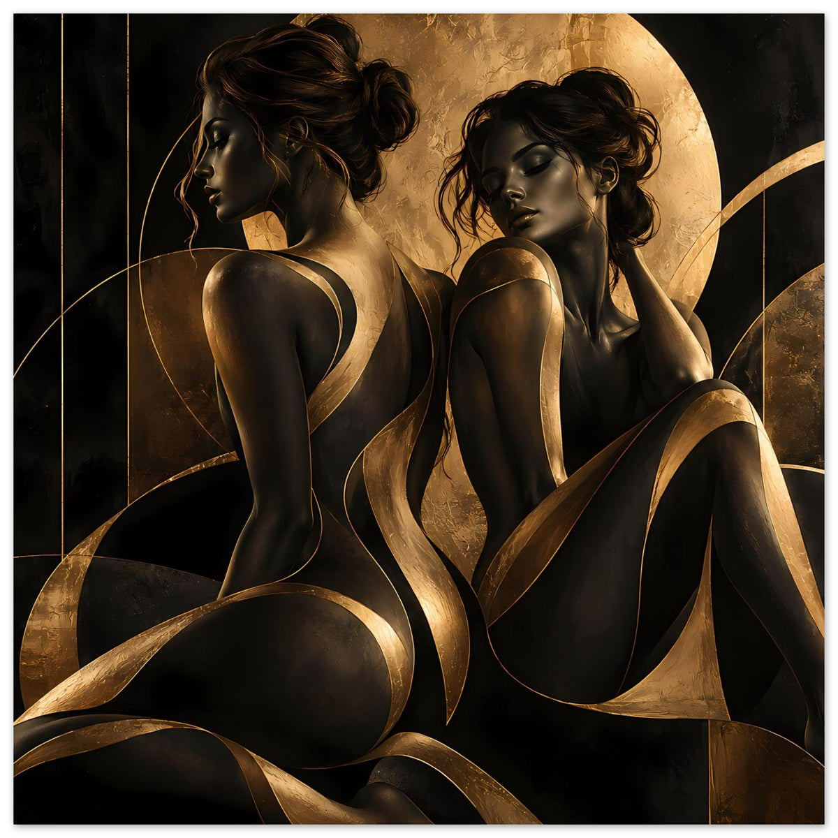 Kunstposter mit zwei weiblichen Akt-Silhouetten in Schwarz und Gold, seitlich gedreht