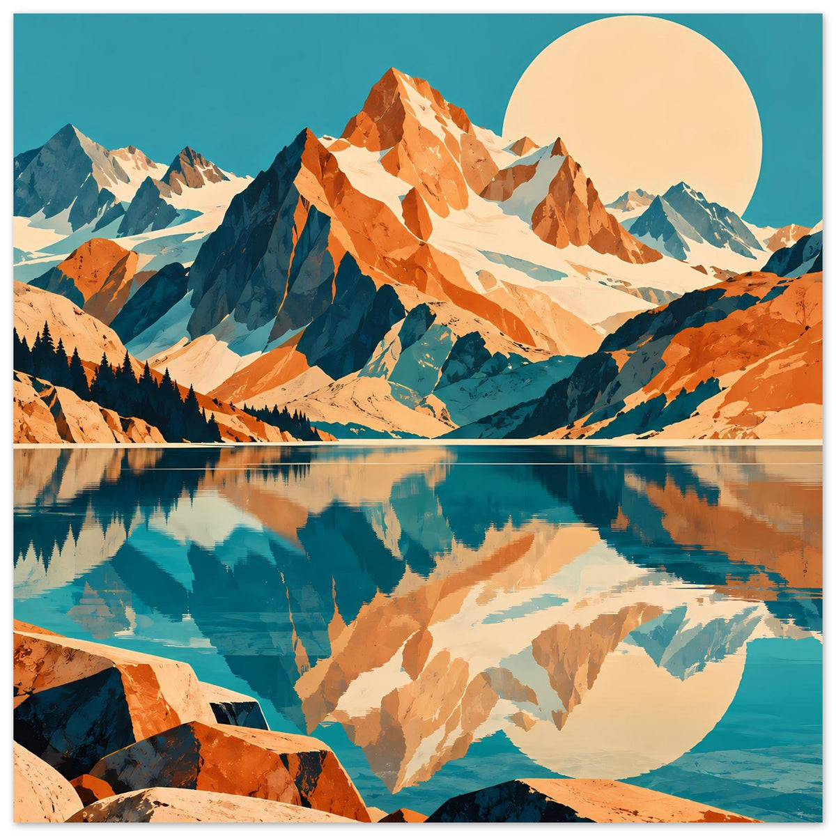 Naturposter im Querformat mit Berglandschaft, spiegelndem See und Sonne