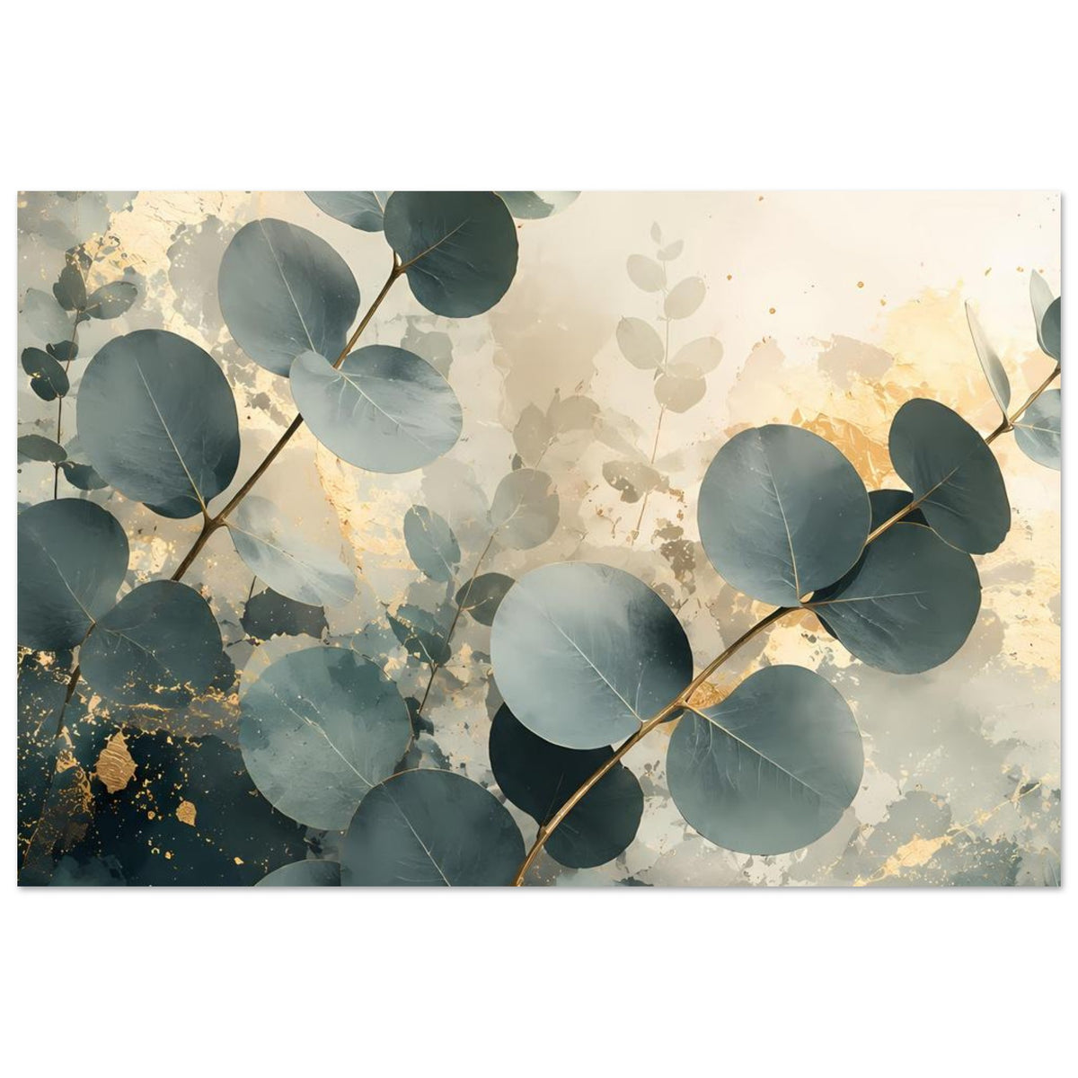 Eukalyptus-Poster horizontal: blaugrüne Blätter, goldene Sprenkel und helle Aquarelltextur