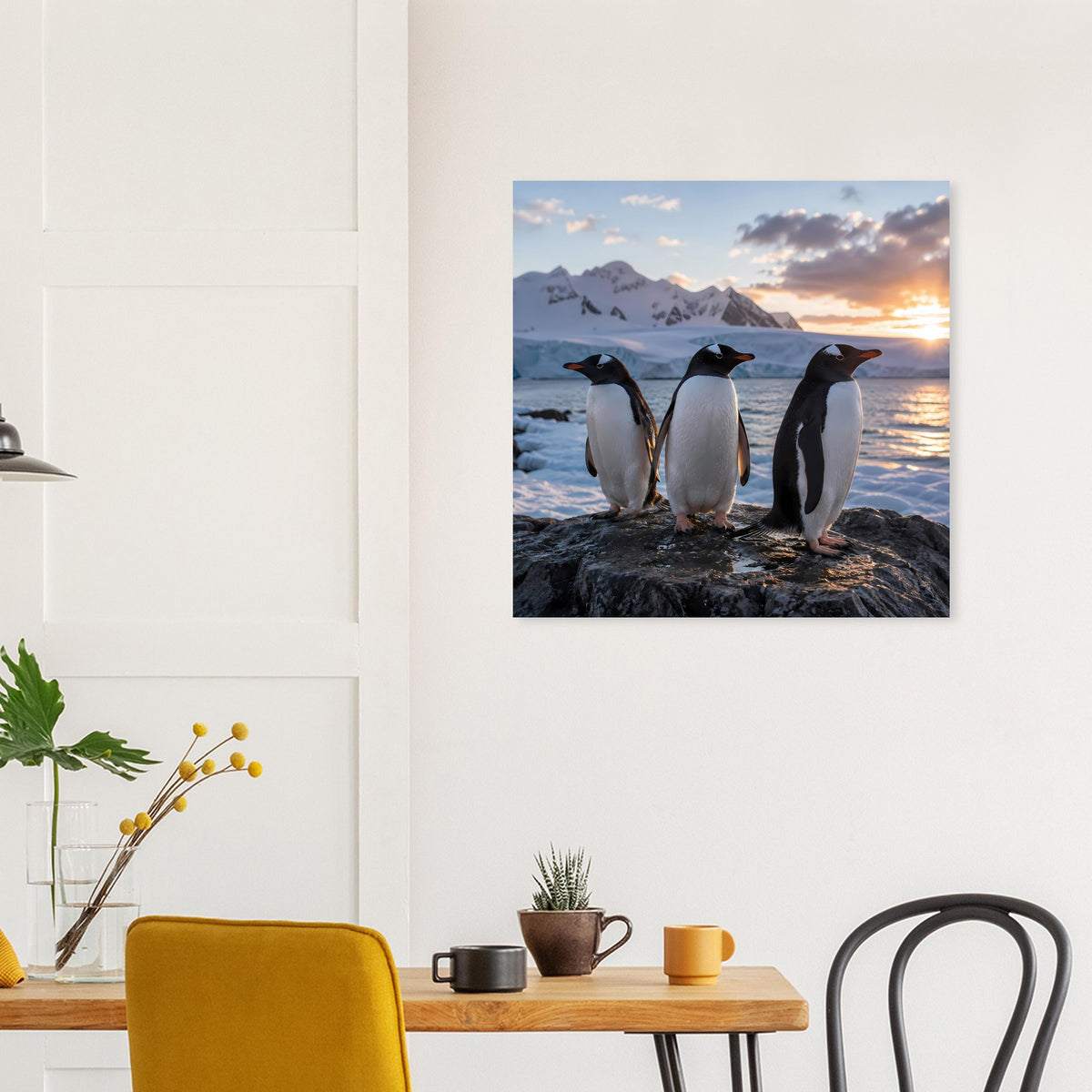 Wandposter mit drei antarktischen Pinguinen, felsiger Küste, Berge und Abendhimmel