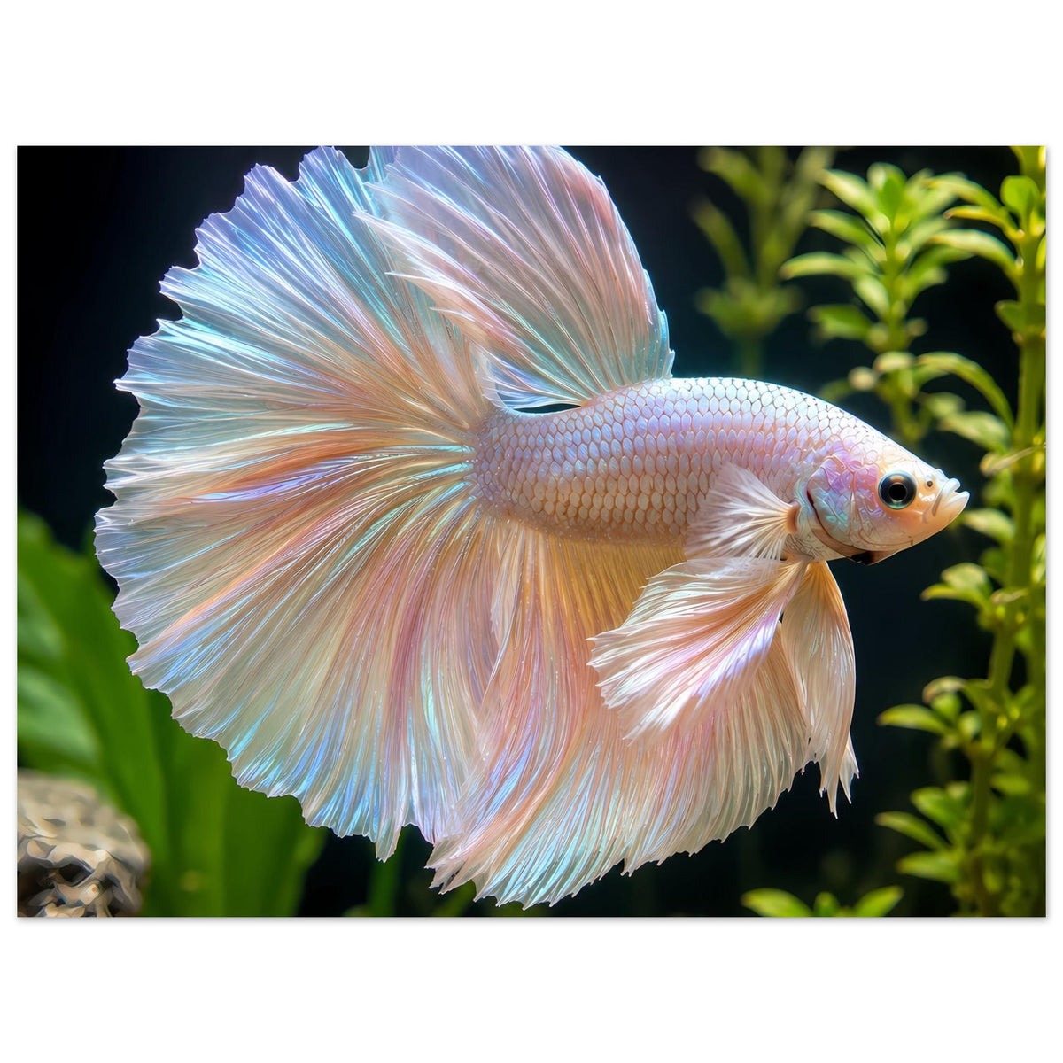 Poster mit Betta-Fisch, seitlich: irisiert weißlich, blau schimmernde Flossen mit rosafarbenen Kanten
