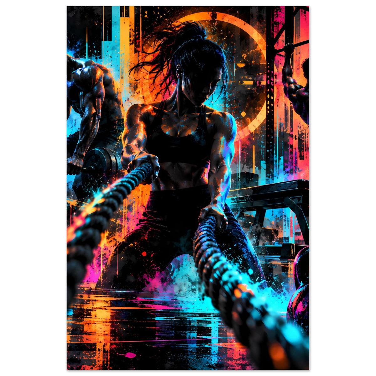 Vertikales Fitness-Poster mit zentraler Athletin, Hantel und Kettlebell im Neon-Stadtlook