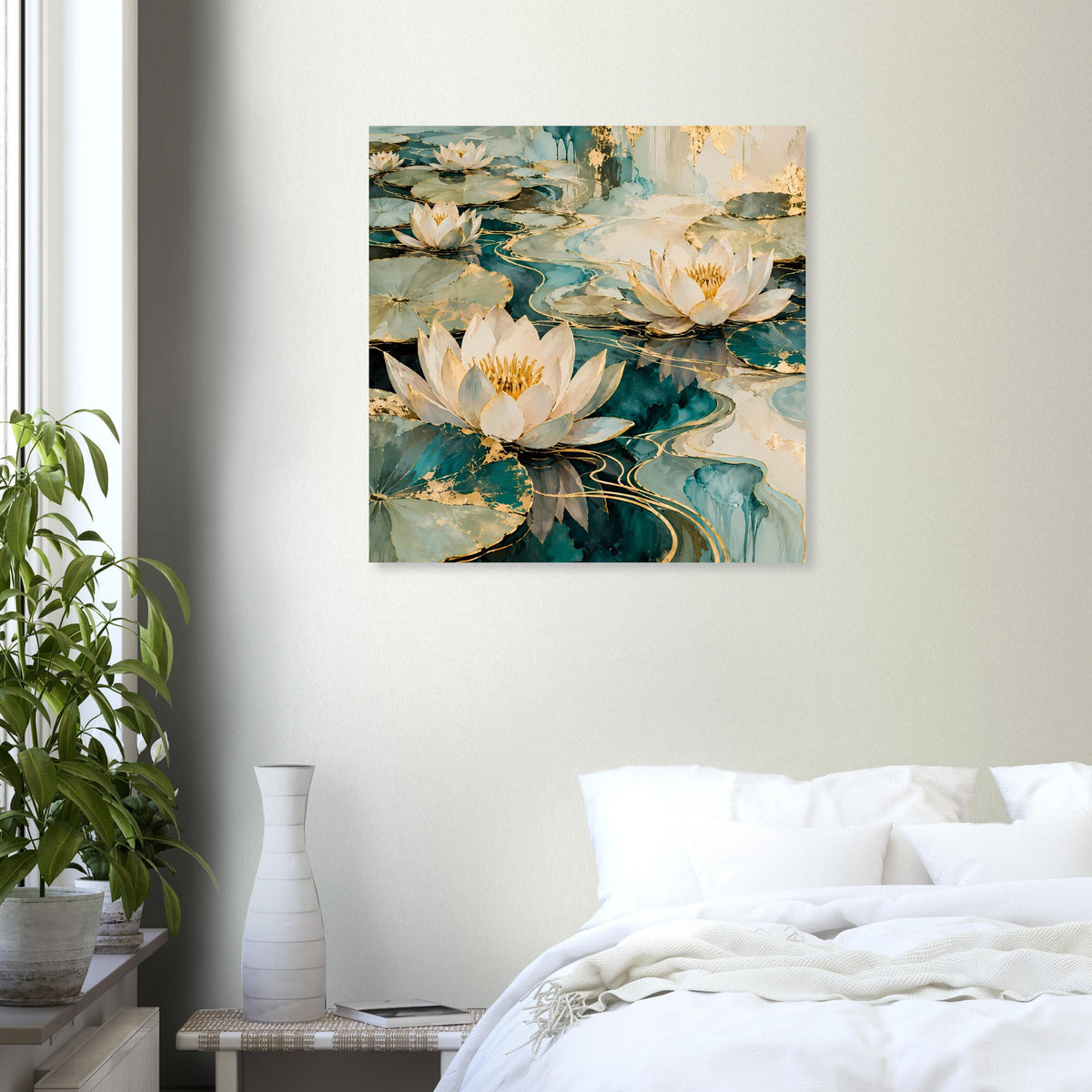 Quadratisches Wandposter mit weißen Lotusblüten auf blauem, gold akzentuiertem Grund