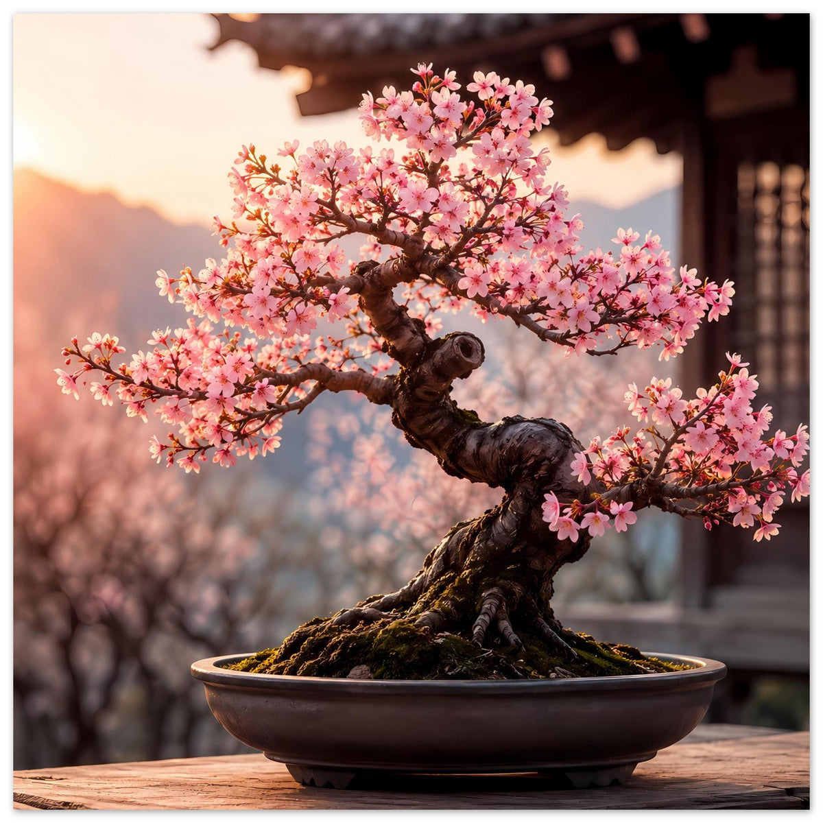 Poster: Bonsai mit rosa Blüten, dunkler, knorriger Stamm und runde braune Schale