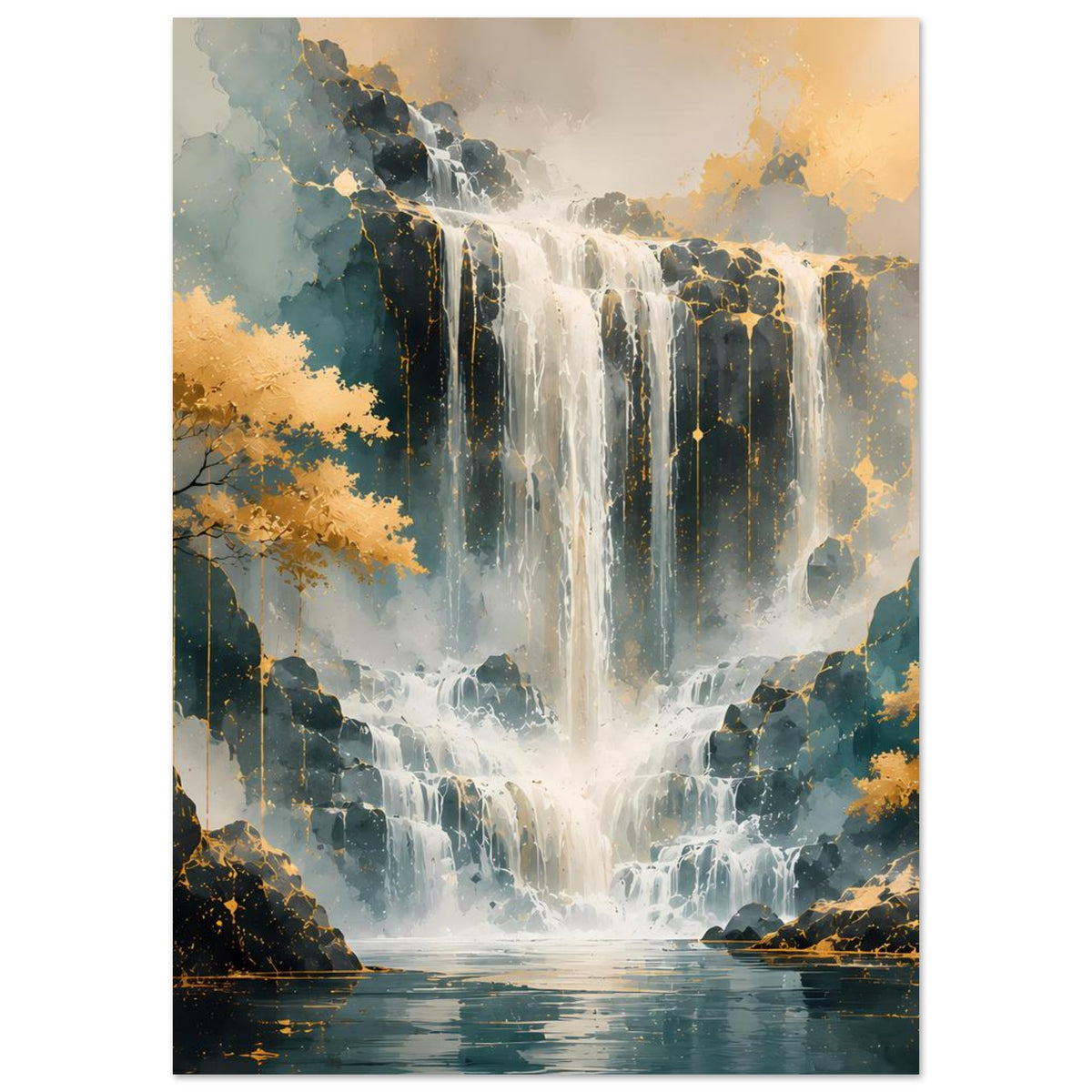 Kunstdruck-Poster: hoher Wasserfall zwischen Felsen, goldene Herbstakzente und Blauton