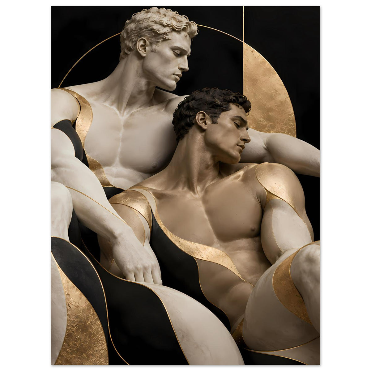 Posterprint mit zwei Aktfiguren, Blick in die Seite, schwarzem Grund und goldener Bogenform