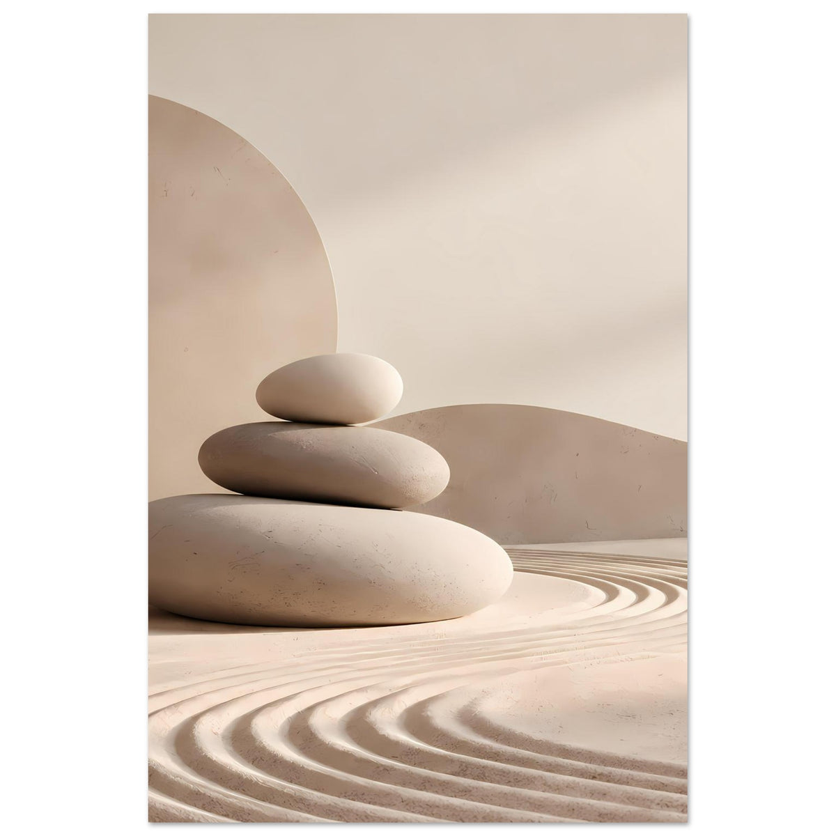 Minimalistisches Poster mit Stapel aus Steinen auf sandigen Linien, in Erdtönen